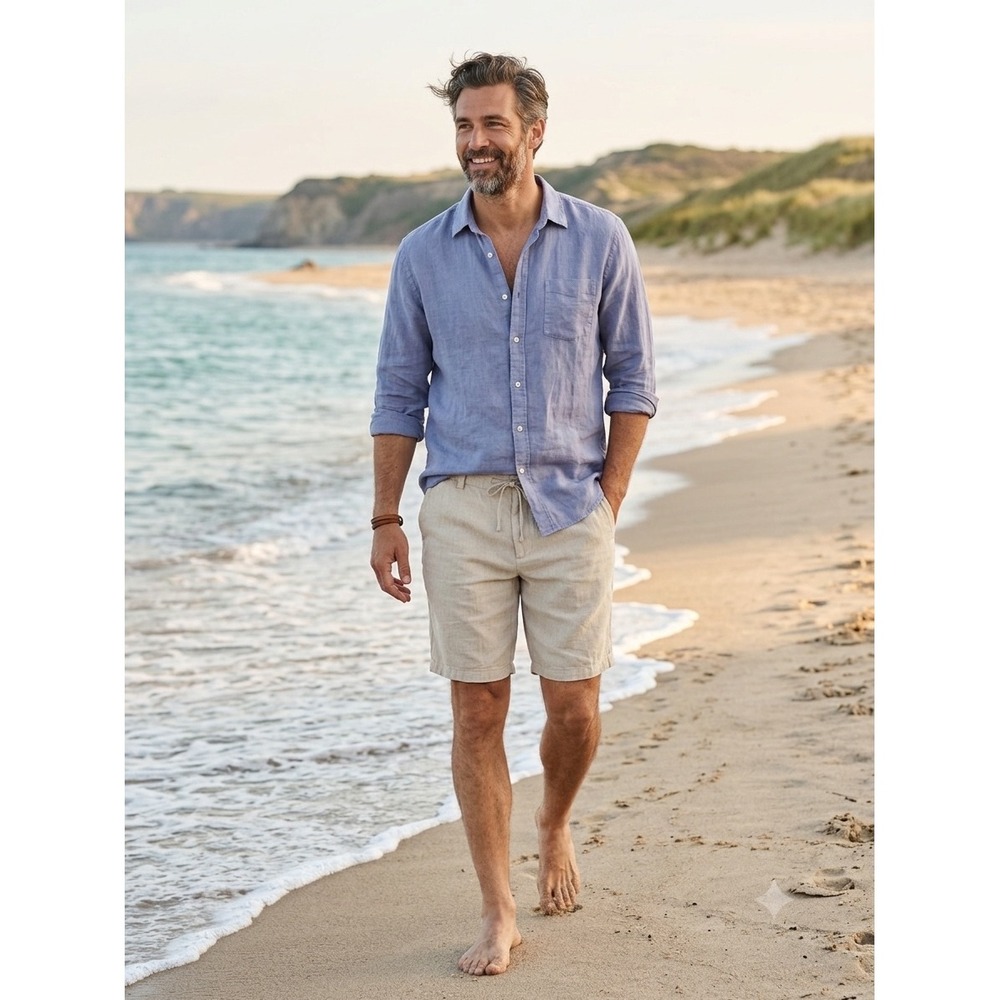 NN.07 Seb Shorts 1454 Linen Shorts Mens 30 Beige Drawstring Coastal Summer Beach